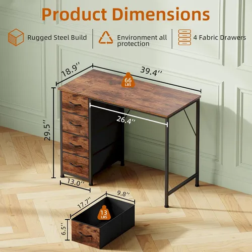 Vista 3 de Somdot Escritorio pequeño para computadora con 4 cajones para dormitorio, escritorio simple de oficina en casa de 39 pulgadas, mesa de estudio