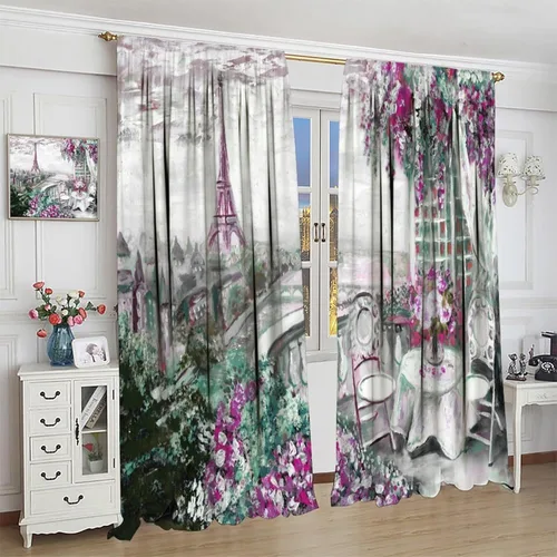 Vista 4 de Cortinas de la Torre Eiffel de París, pintura al óleo, flores moradas, torres de ciudad, con bolsillo para barra, cortinas de ventana