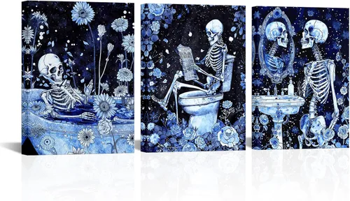 Vista 7 de FuShvre Decoración de esqueleto para baño, cuadros artísticos de pared de esqueleto Moody para baño, pintura gótica para decoración del hogar, Negro