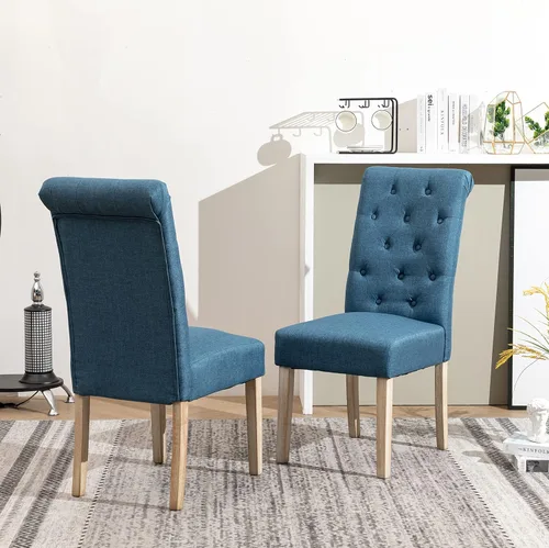 Vista 4 de Juego de 2 sillas de comedor Parsons con respaldo alto y patas de madera de goma maciza, color azul