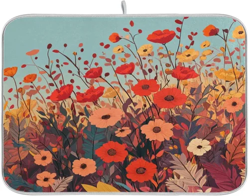 Vista 8 de Tapete de secado de platos de primavera naranja con flor de amapola para encimera de cocina, tapete escurridor absorbente de microfibra, tapete