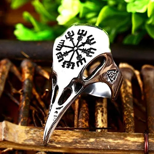 Vista 2 de ENXICO Ravens - Anillo de calavera con símbolo de Aegishjalmur de Awe de acero inoxidable 316L