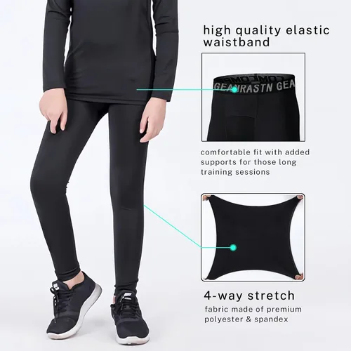 Vista 2 de Paquete de 1234 leggings de compresión para niños y jóvenes, pantalones deportivos para baloncesto, correr, hockey, Jiu Jitsu