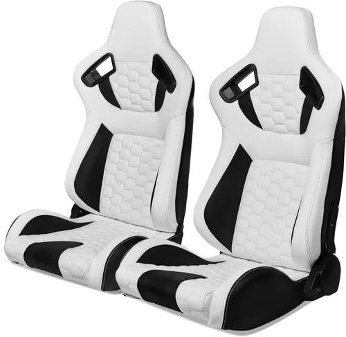 Vista 10 de IKON MOTORSPORTS, Asientos universales para vehículos de carreras con deslizadores dobles, asientos deportivos reclinables de cuero PU beige + cuero
