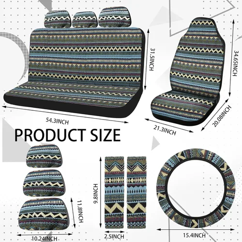 Vista 4 de Frienda 14 piezas de fundas para asientos de coche, juego completo multicolor con estampado de rayas estilo boho, funda para volante, funda