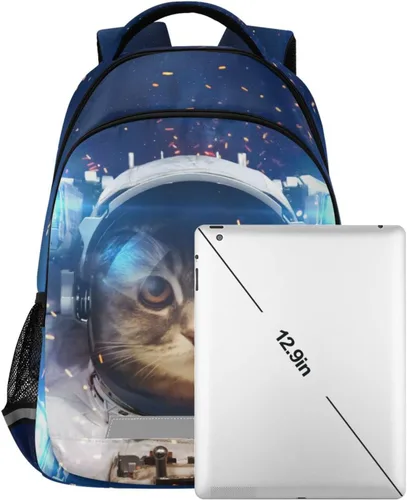 Vista 5 de Mochila para niños y niñas, mochila de viaje con diseño de astronauta y gato