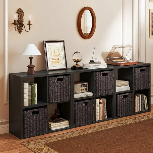 Vista 17 de Organizador de almacenamiento vertical de 2 cubos de metal, estantería corta negra con espalda abierta, estante de almacenamiento de cubo pequeño