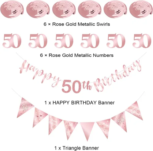 Vista 2 de Decoración de cumpleaños número 50 en oro rosa para niñas, pancarta de feliz cumpleaños 50, remolinos de banderines, pancarta de bandera triangular