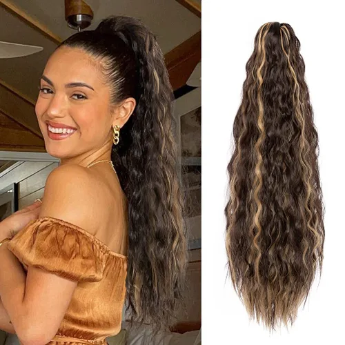 Vista 12 de YEAME Extensión de cola de caballo ondulada con clip de garra, cola de caballo de 22 pulgadas, pelo sintético castaño mezclado con rubio, cola