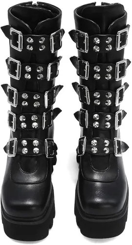 Vista 4 de YIYA - Botas de combate a media pantorrilla con estoperoles para mujer botas de plataforma góticas negras botines de plataforma con hebilla y punta