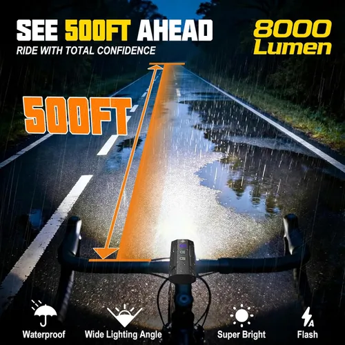 Vista 2 de Luces de bicicleta para montar por la noche, 8000 lúmenes, luz trasera súper brillante para bicicleta, luz de bicicleta recargable de 5800 mAh
