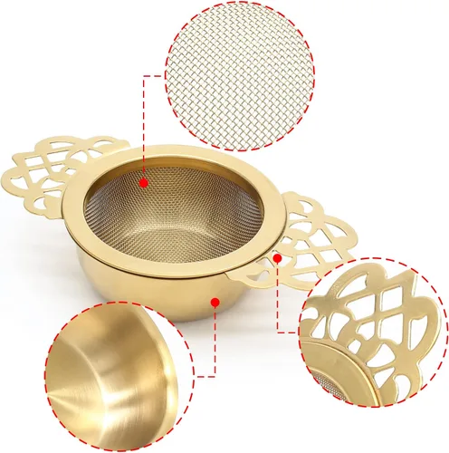 Vista 3 de Bonsicoky Paquete de 2 cuencos coladores de té, filtro de té de hojas sueltas de acero inoxidable para boca de taza de 2.5 a 4 pulgadas, dorado