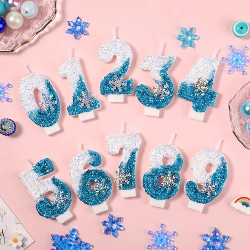 Vista 4 de Velas de cumpleaños del 0 al 9, velas de números con purpurina de copo de nieve, decoración de pasteles blancos y azules para niños y adultos