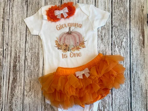 Vista 8 de First Birthday Pumpkin Baby Girl Personalized Name Bodysuit This Pumpkin is One Optional Accessories