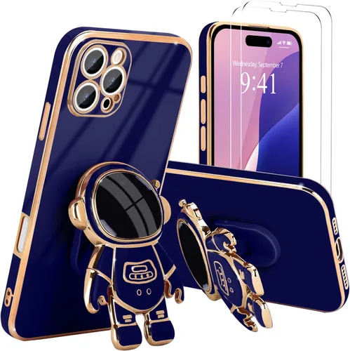 Vista 27 de Pepmune - Funda para iPhone 15 con soporte de astronauta 3D, color negro [2 Screen Protector], Luxury Electroplated Soft TPU Cover with Kickstand