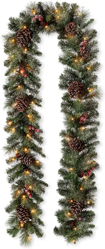 Vista 6 de Glitzhome - Guirnalda de Navidad de 9 pies con luces, guirnalda de Navidad para repisa, guirnalda de Navidad artificial preiluminada con conos