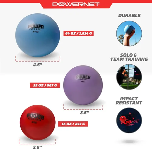 Vista 3 de PowerNet Power Plyometrics - Balón de entrenamiento de 16, 32 y 64 pesos, relleno de arena, aumenta la velocidad, codificado por colores, ideal