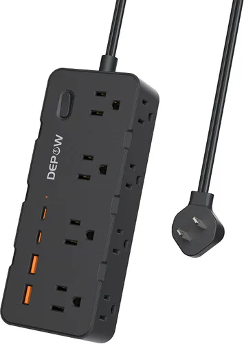 Vista 8 de DEPOW Regleta de alimentación negra de 2 puntas, adaptador de salida de 2 a 3 clavijas con 8 puertos de CA y 4 puertos USB (2 USB C), cable