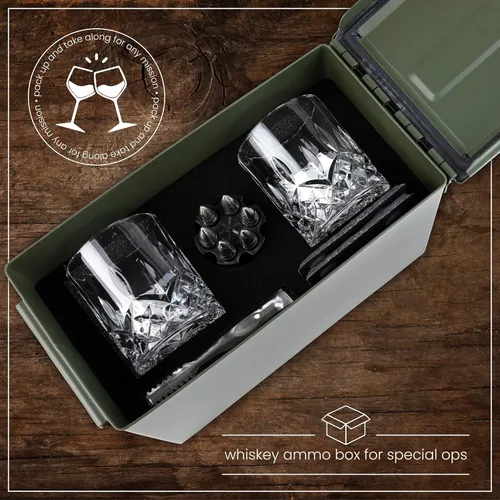 Vista 9 de Titan LSO Vasos y piedras de whisky en caja táctica única Copas de cóctel Bourbon, posavasos y pinzas Regalos para hombres Juego de vasos