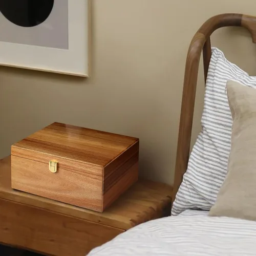 Vista 6 de Caja de recuerdo de madera de acacia con tapa con bisagras