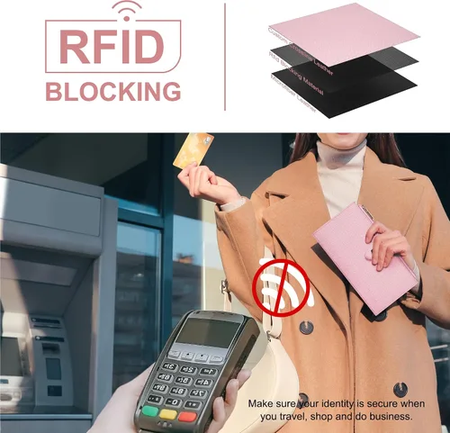 Vista 4 de Travelambo Billetera para mujer con bloqueo RFID plegable para múltiples tarjetas con bolsillo con cremallera, rosado (Pink Sakura), Minimalista
