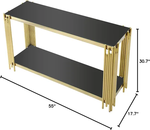 Vista 2 de Mesa consola moderna de cristal, mesa de sofá dorada de 55 pulgadas con marco de metal resistente y parte superior de vidrio templado negro