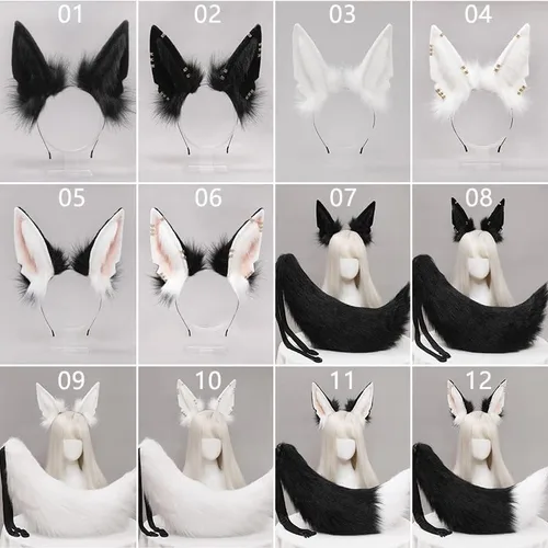 Vista 3 de Angela0123 - Diadema de pelo peludo con orejas de gato de lobo realista de felpa de cola larga para el pelo, disfraz de Lolita (12)
