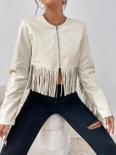 Vista 4 de WDIRARA Chaqueta corta de piel sintética con cremallera y cuello redondo y manga larga para mujer