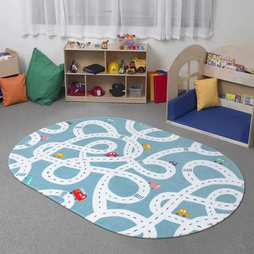 Vista 7 de LIVEBOX Alfombra de Juego Antideslizante Azul de 3'x5' para Niños, Alfombra de Carretera Lavable a Máquina para Sala de Juegos, Alfombra de Sala