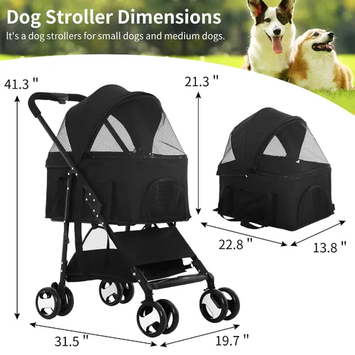 Vista 7 de BLKMTY Cochecito plegable 3 en 1 para mascotas, con 4 ruedas, con cesta de almacenamiento, con interruptor de un botón, cochecitos de viaje