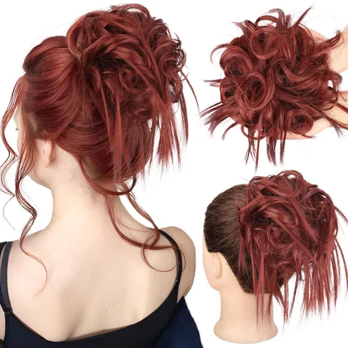 Vista 36 de HMD - Extensiones de cabello tipo chongo alborotado con rodelo despeinado, banda elástica de goma, extensiones de cabello sintético para mujer