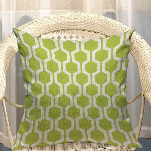 Vista 4 de Mugod Almohada con patrón hexagonal, diseño geométrico, enrejado, polígono, verde lima y blanco, algodón y lino, funda de cojín cuadrada estándar