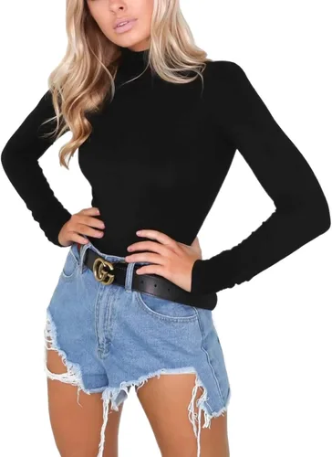 Vista 2 de LOVFEE Camiseta básica de algodón de manga larga y cuello alto suave para mujer