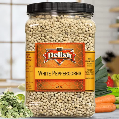 Vista 2 de Granos de pimienta blanca entera de It's Delish – Contenedor reutilizable jumbo de 40 onzas (2.5 libras) – Maíz de pimienta blanca entera – Granos