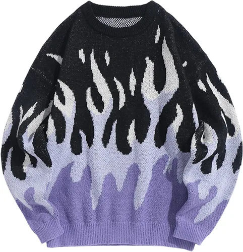 Vista 38 de ZAFUL Y2K - Suéter casual con estampado de llama estética para hombre, suéter de punto holgado, manga larga, cuello redondo