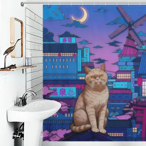 Vista 3 de Cortina de ducha de gato japonés neón de ciudad, impermeable, decoración Cyberpunk de poliéster para niños y adultos, se adapta a bañera, ducha