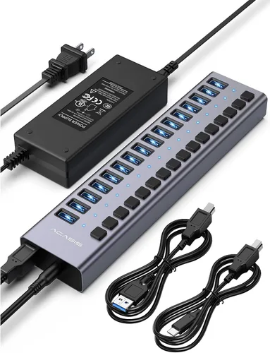 Vista 9 de Hub USB 3.2 alimentado, concentrador USB 3.2 de 7 puertos ACASIS con velocidad de datos de 10 Gbps, carcasa de aluminio, concentrador USB alimentado