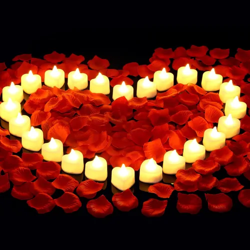 Vista 9 de cridoz Juego de pétalos de rosa azules para una noche romántica para él, 2000 pétalos de rosa artificiales con 24 velas LED sin llama