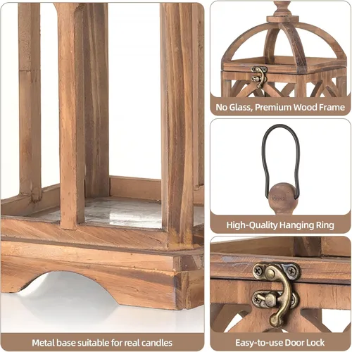 Vista 3 de Faroles de casa de campo decorativos para interior: 11 y 15 pulgadas, juego de 2 candelabros de madera marrón para centro de mesa, chimenea, manto