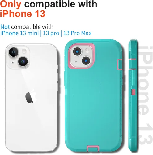 Vista 5 de Funda para iPhone 13 con 2 protectores de pantalla, resistente de grado militar, funda de cuerpo completo para hombres y mujeres (aguamarina + rosa)
