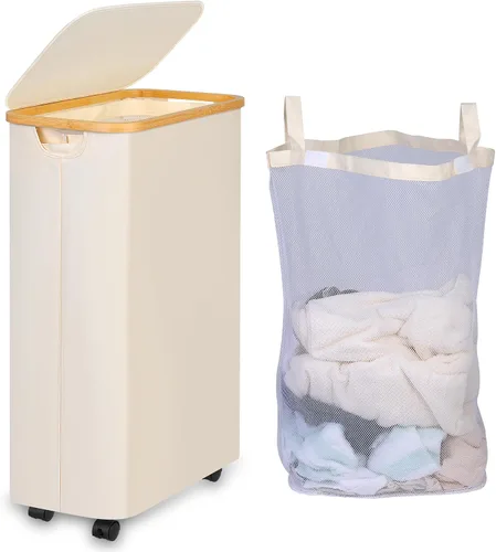 Vista 11 de iEGrow - Cesta de lavandería delgada de 65L, cesta de lavandería estrecha con tapa, cesta de ropa plegable con asas de bambú, cesta de lavandería