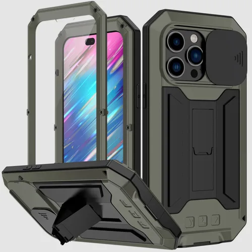 Vista 13 de Simicoo Funda compatible con iPhone 14 con protector de cámara de pantalla con función atril, resistente al agua, de metal militar, resistente