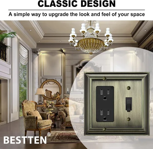 Vista 6 de BESTTEN Placa de pared combinada de 1 palanca/1 decorador, tamaño mediano, 2 bandas, resistente a la corrosión, latón antiguo, cubierta de salida