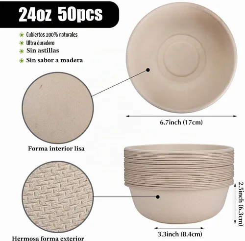 Vista 2 de Cuencos de papel desechables, 24 onzas [paquete de 50] Tazón grande - 100% compostable, biodegradable, ecológico, conveniente para el uso diario