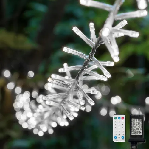 Vista 15 de LAMPHOME Luces de Navidad multicolor que funcionan con pilas, 34.1 pies, 100 luces LED impermeables de cadena para árbol de Navidad con 8 modos