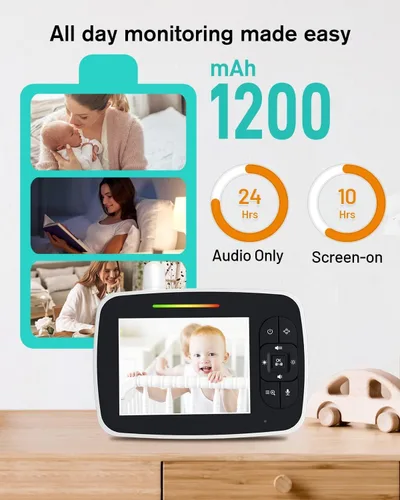 Vista 6 de Kidsneed Monitor de bebé - Monitor de bebé con pantalla de 3.5 pulgadas con cámara y audio, zoom panorámico remoto, visión nocturna, modo VOX