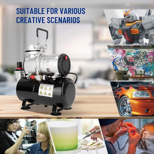 Vista 6 de Timbertech Compresor de aerógrafo, mini compresor AS186 sin aceite de un solo pistón de alto rendimiento con tanque de 3L, regulador, trampa