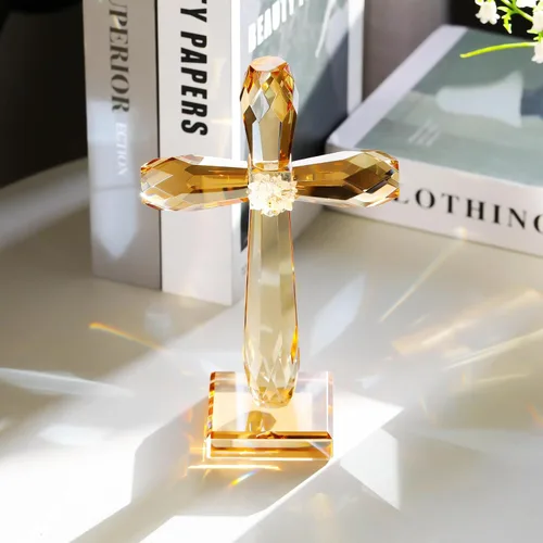 Vista 2 de YWHL Cruz de pie de cristal champagne, regalos religiosos para mujeres y hombres, figuras coleccionables de cruz de Pascua de vidrio hechas a mano