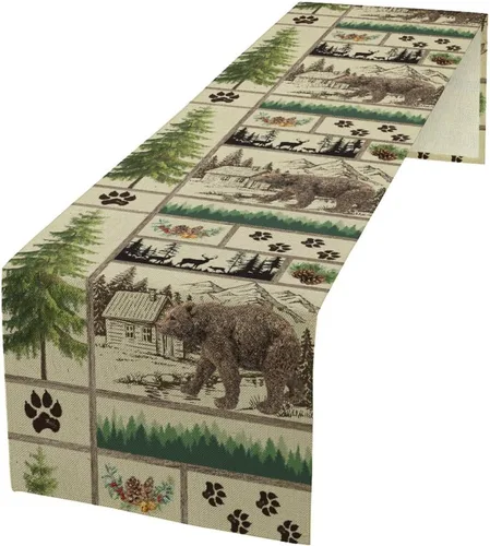 Vista 22 de Camino de mesa con diseño de patas de perro, lindo animal con estampado de patas de cachorro, decoración de fiesta de cumpleaños, casa de campo