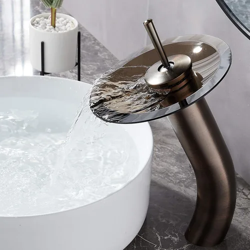 Vista 10 de Grifo de Baño de Cascada de Vidrio con Mango Único de Latón Macizo para Lavabo Lavatorio Vessel Sink Vanity, Alto, Negro